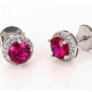 NEW 2.06ctw Lab Created Ruby & Lab Created Sapphire Sterling Halo Stud Earrings